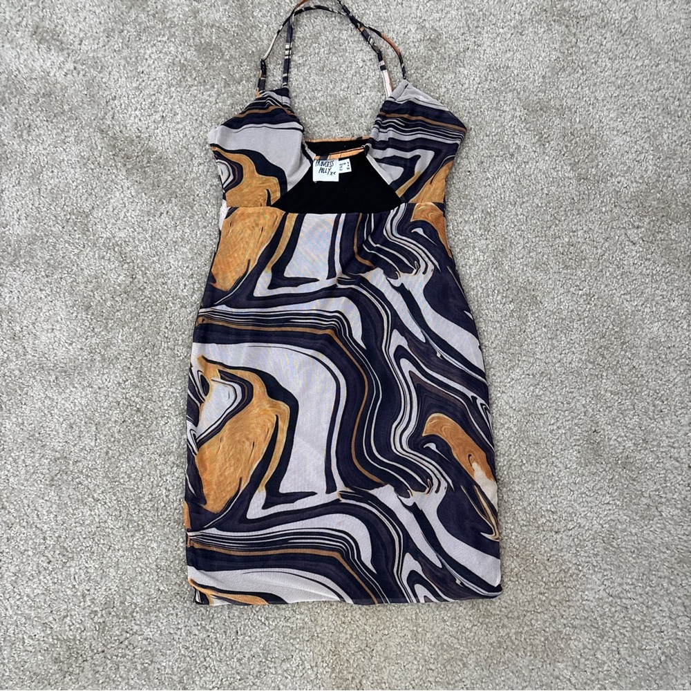 Princess Polly Marble-Print Halter Mini Dress in Black & Gold